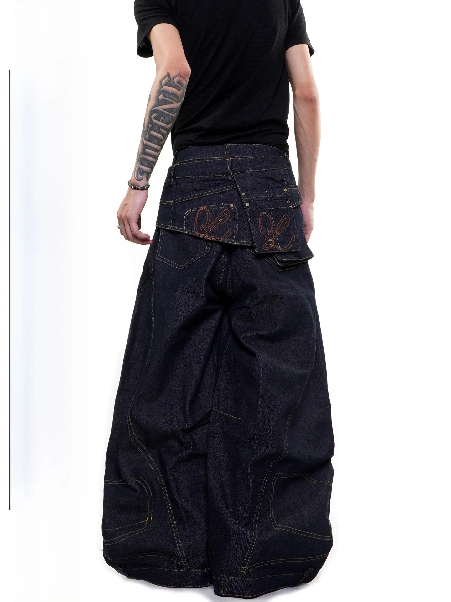76STREET American Decomposition Waist Seal Layering Design Sense Knife Jeans Unissex Moderno Original Bull Calças de Perna Larga