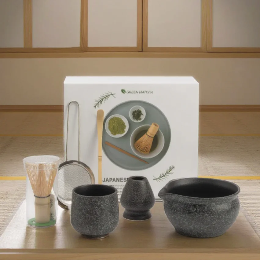6 PCS Matcha Set Glaze Change  Matcha Tea Kit with Master Cup 100-Prong Bamboo Whisk Tea Scoop & Song Dynasty Tea Ceremony Tools
