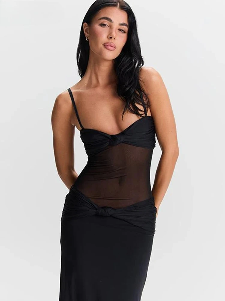 Abito lungo da donna con bretella in rete, sexy, trasparente, patchwork legato, collo basso, aderente, senza schienale, moda femminile, abiti da festa