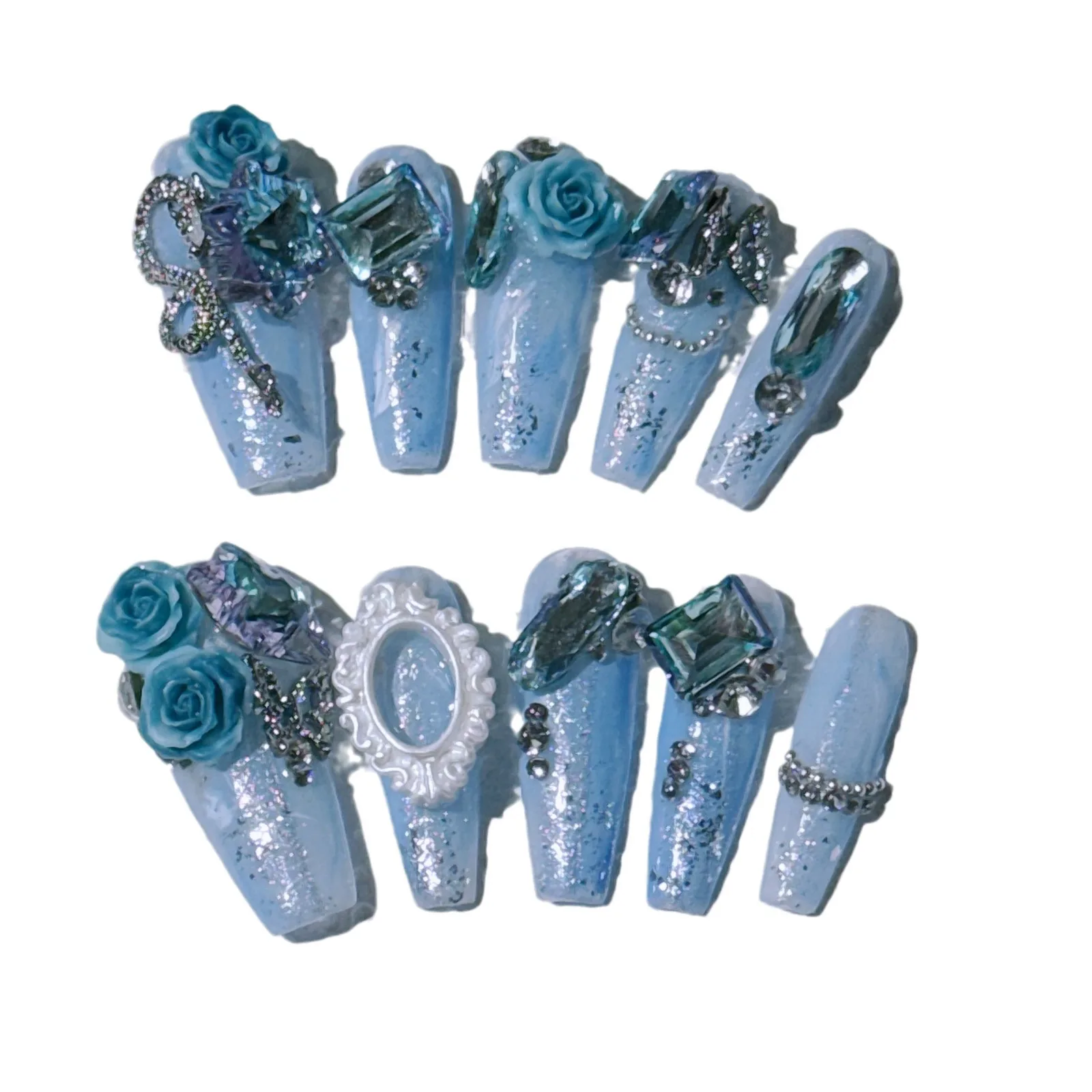 Uñas postizas largas hechas a mano, 10 piezas, 3D cubierta completa, flor, purpurina, diamante, Phoframe, prensa en puntas de uñas, manicura usable