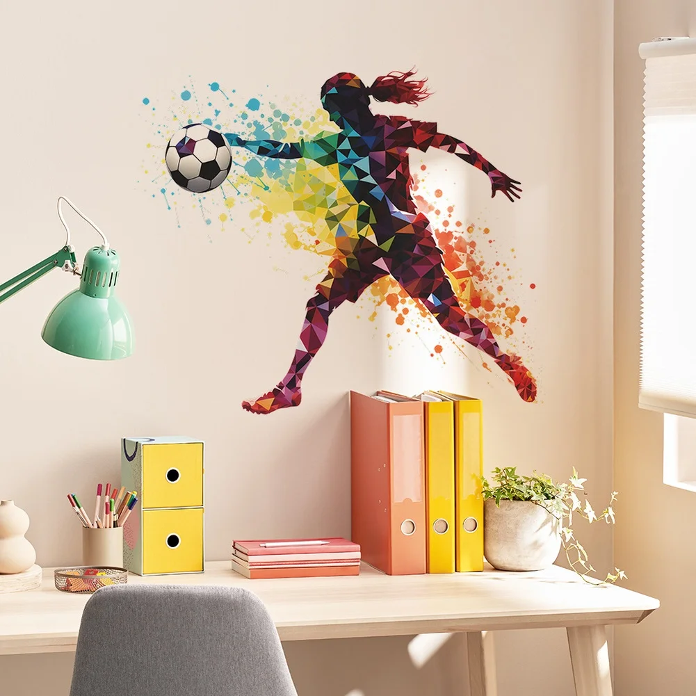Football Player Wall Decal for Children Room Living Space PVC Vinyl Decorative Sticker with Playful Sports Theme