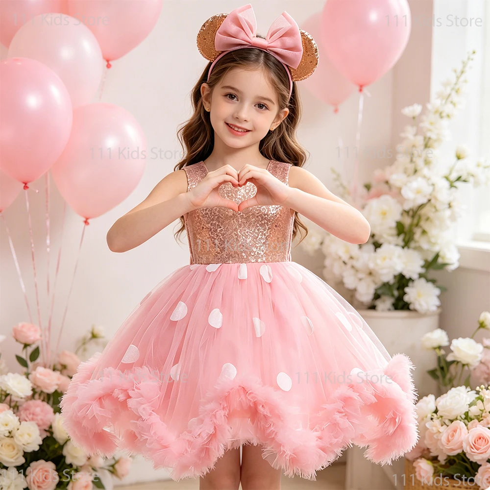Sommerliches gepunktetes rosa Prinzessinnenkleid für Mädchen, Geburtstagsgeschenk, Partykleider mit Schleife und Stirnband, Kinder-Halloween-Kostüm