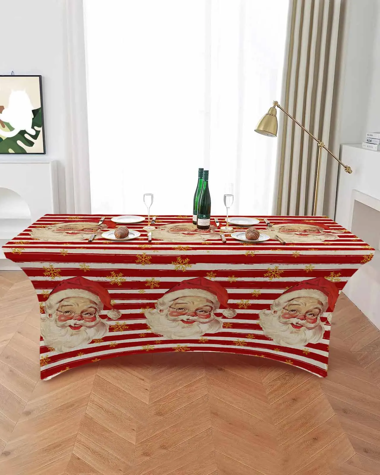 Christmas Santa Claus Watercolor Snowflakes High Stretch Tablecloth Wedding Party Decor Print Table Cover Outdoor Table Cloth