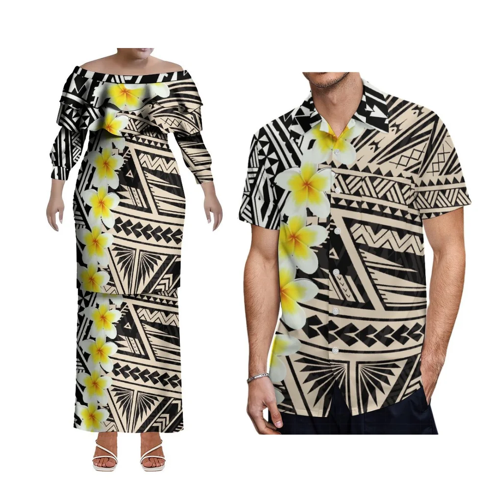 2025 بولينيزيا المرأة طويلة الأكمام واحدة الكتف أعلى وطويلة Puletasi مجموعة هاواي حزب الرجال قميص زوجين مجموعة