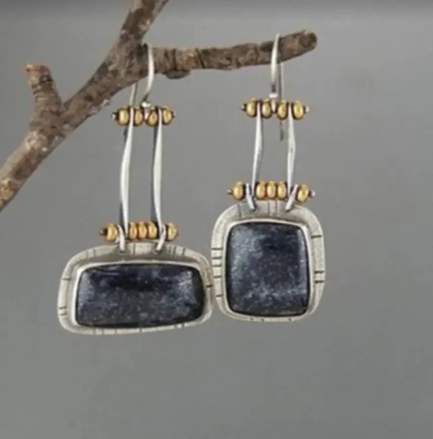 Vintage Square Asymmetric Dark Blue Color Stone Personalized Dangle Earrings For Women Birthday Party Fashion Custom Jewelry