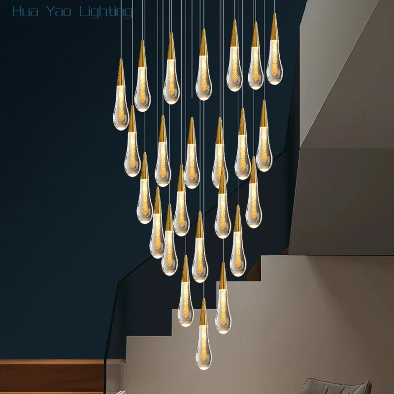 Modern crystal light chandelier for staircase large gold drop design led cristal lamp long villa lobby hanging lighting fixture