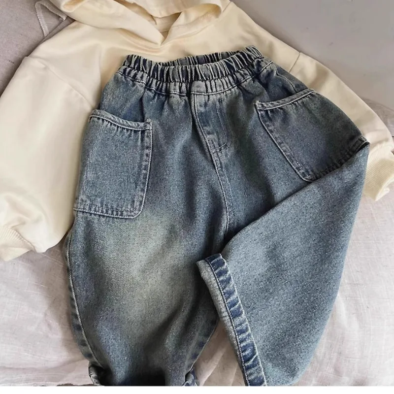 Boys Whiskered Casual Jeans, Childrens Spring Autumn New Pants, Small Medium Kids Trousers With Side Pockets for Daily Wear