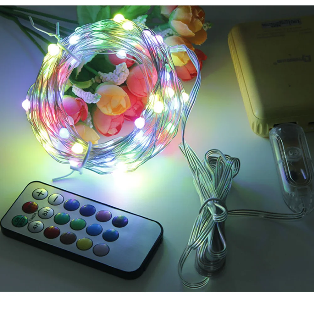 USB5V Three-Line Point-Controlled RGB Color-Changing LED Silver Line Lights Timing Remote Control Christmas Lights Festival Deco
