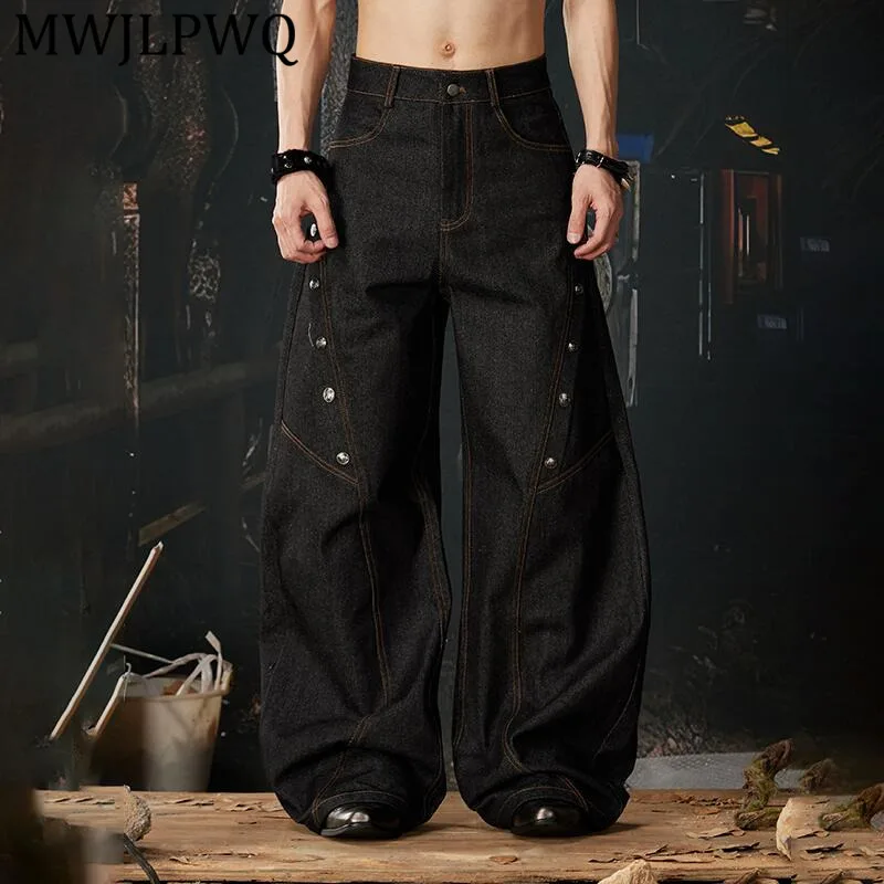 

MWJLPWQ Men's New Loose Wide-leg Curved Hem Jeans Streetwear Structural Rivet Decoration Design Hiphop Loose Fit Trousers 14884