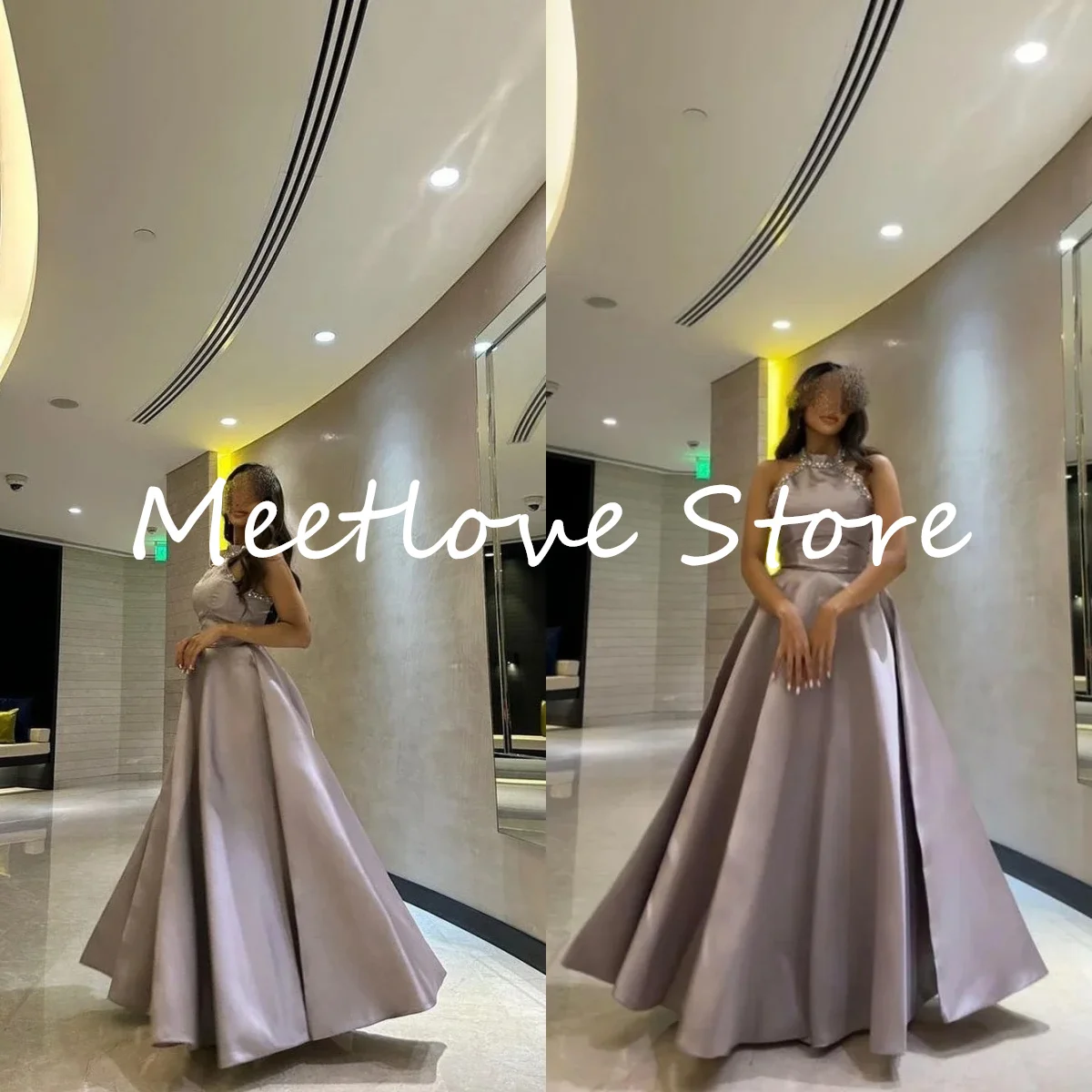 

Meetlove Halter Sleeveless Formal Occasion Prom Dresses Beading A-Line Long Party Dresses Women Satin Evening Gowns فساتين السه