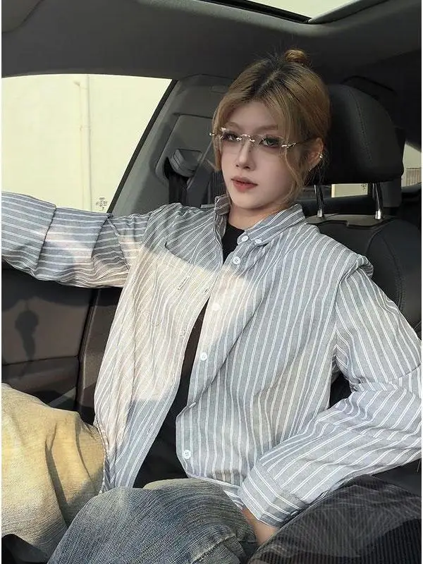 

Весенняя повседневная свободная мужская рубашка с длинным рукавом в полоску, стильная верхняя одежда для пар, модный бренд, смесь хлопка и полиэстера