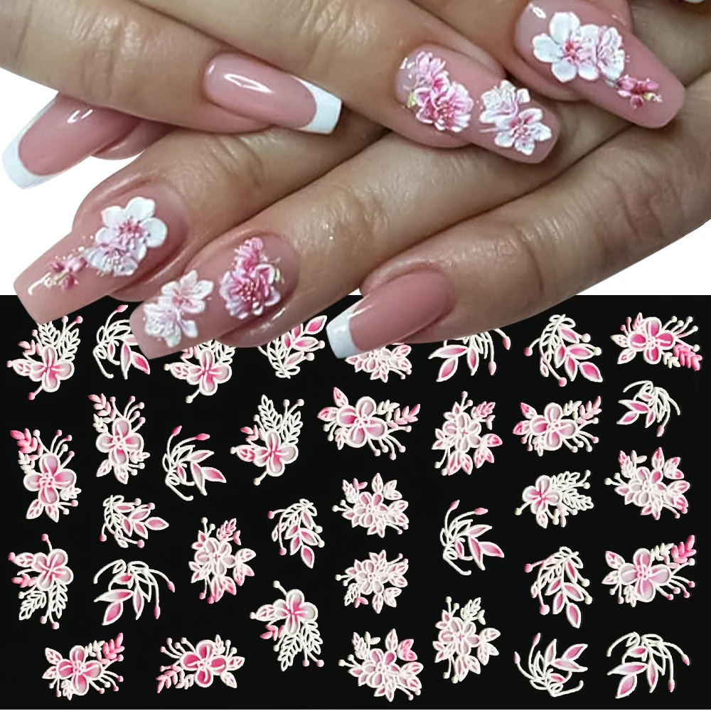 5D acrílico flores adesivos para unhas arte, gradiente rosa e branco, laço floral, prego deslizante suprimentos, gracioso, manicure decoração folhas