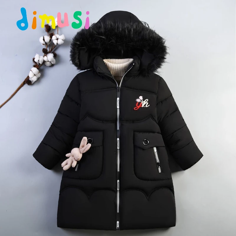 DIMUSI Winter Children Padded Coats Girls Mid-Long Cotton Warm Jacket Fashion Kids Fur Collar Thermal Down Coat Clothing 14Y