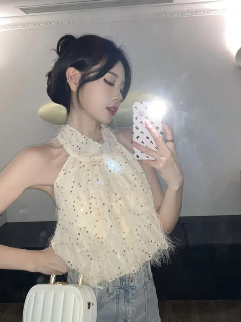 

Sweet Spicy Sequin Neck Hanging Camisole Vest Wome Off Shoulder Sleeveless French Temperament Summer Gentle Chic Pullover Top