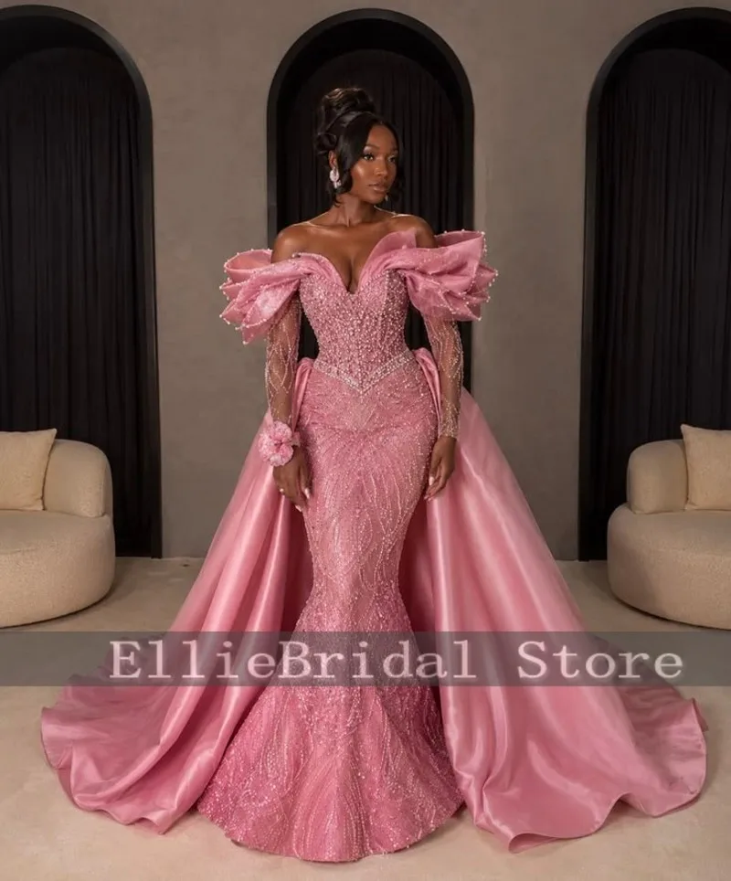 Luxury Pink Wedding Dresses Girls 2026 Mermaid Off Shoulder Beaded Illusion Sleeves Bridal Gowns Vestido De Novia Customized
