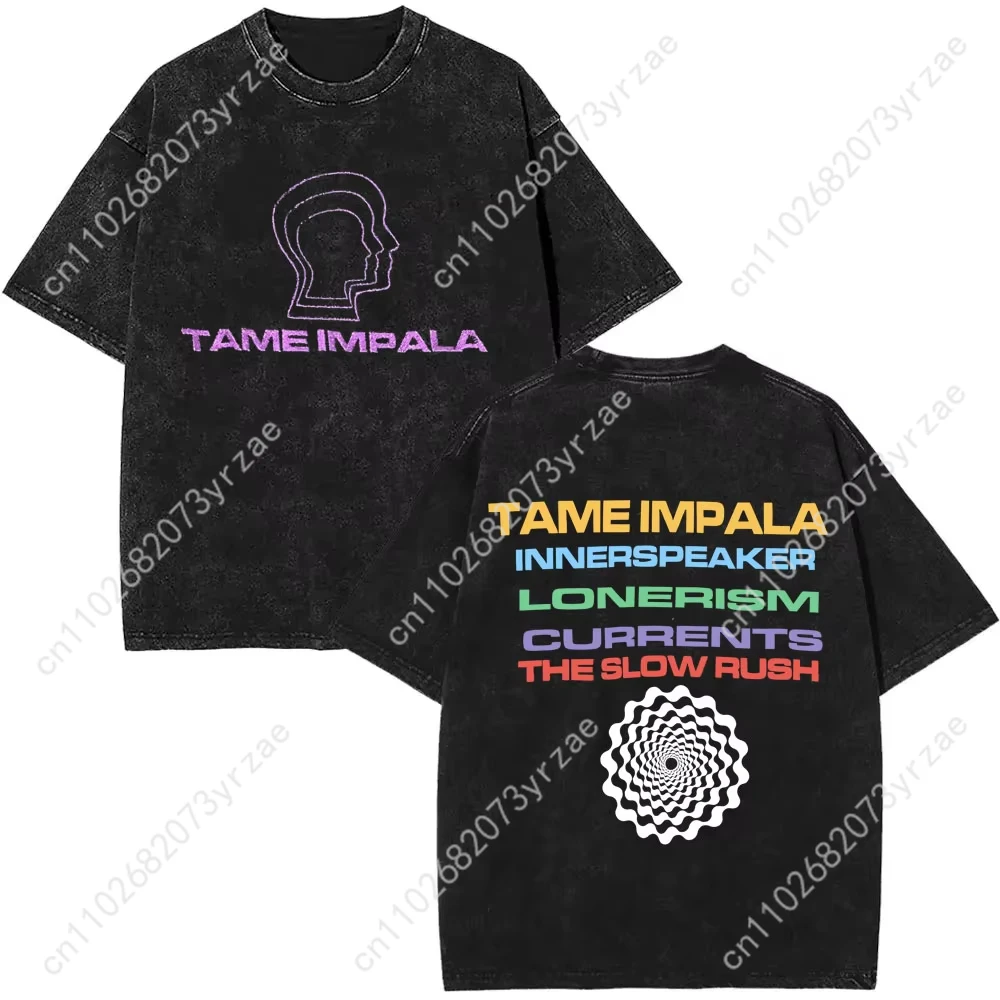 เสื้อยืด Tame Impala Retro Wash สำหรับผู้ชายและผู้หญิง คุณภาพสูง สไตล์วินเทจ ผ้าฝ้าย แขนสั้น แฟชั่น เสื้อยืดเนื้อนุ่ม ระบายอากาศได้ดี