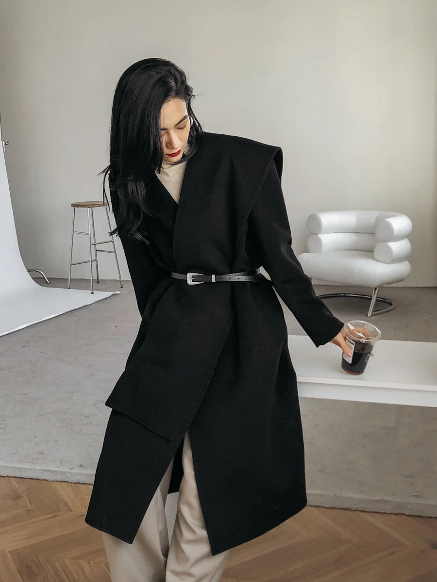 

2023 Secret Early Spring Temperament Right Angle Scarf Style Collarless Wool Long Coat