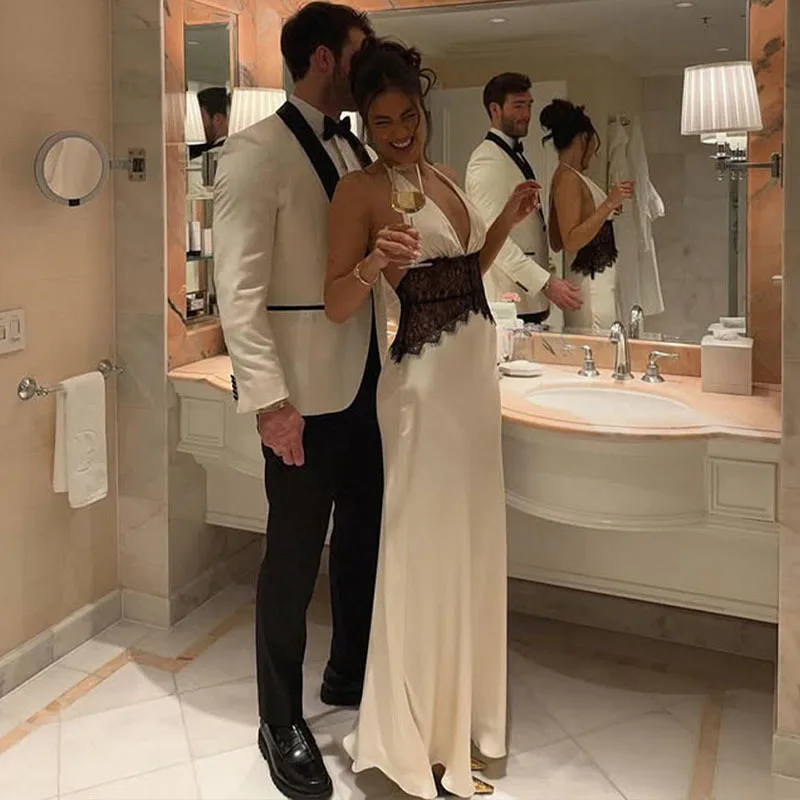 Apprabant Modische Kleider aus weichem Satin mit tiefem V-Ausschnitt, Spitze, Spleißen, hängender Hals, rückenfrei, schlankmachende Taille, sexy, gewickeltes Hüftkleid