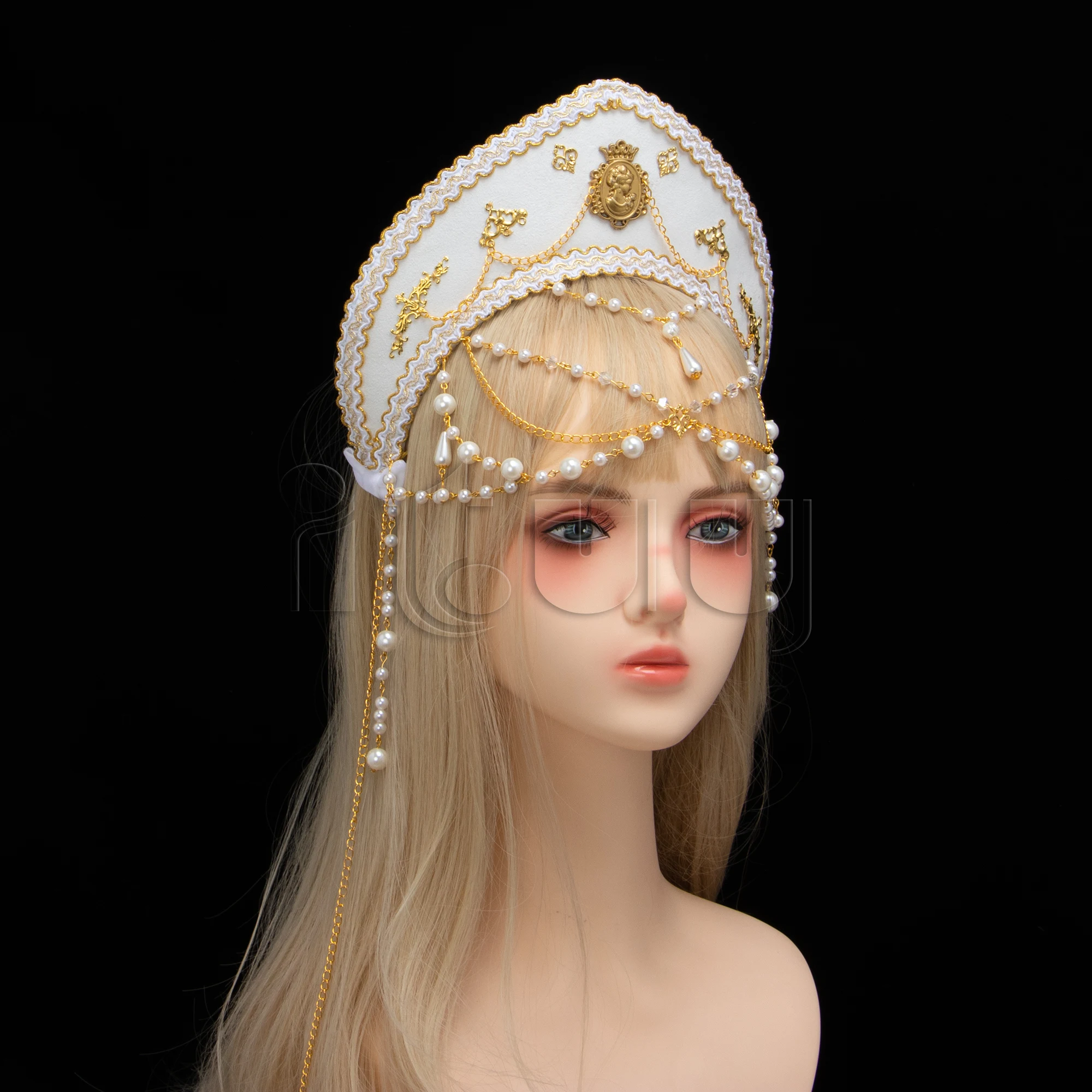 Lolita Girl Gothic Beads Chain Tudor Crown Hood Coronet Headpiece Elizabethan Renaissance Goddess Royal French Tiara Headband