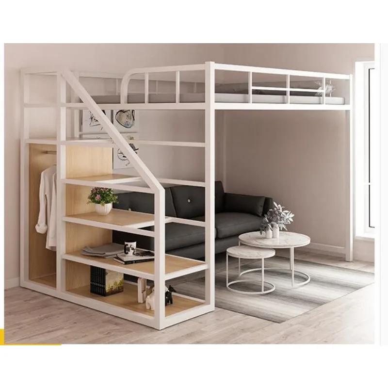 Iron work elevated bed empty single upper floor space saving attic bunk apartment high and low iron frame bed