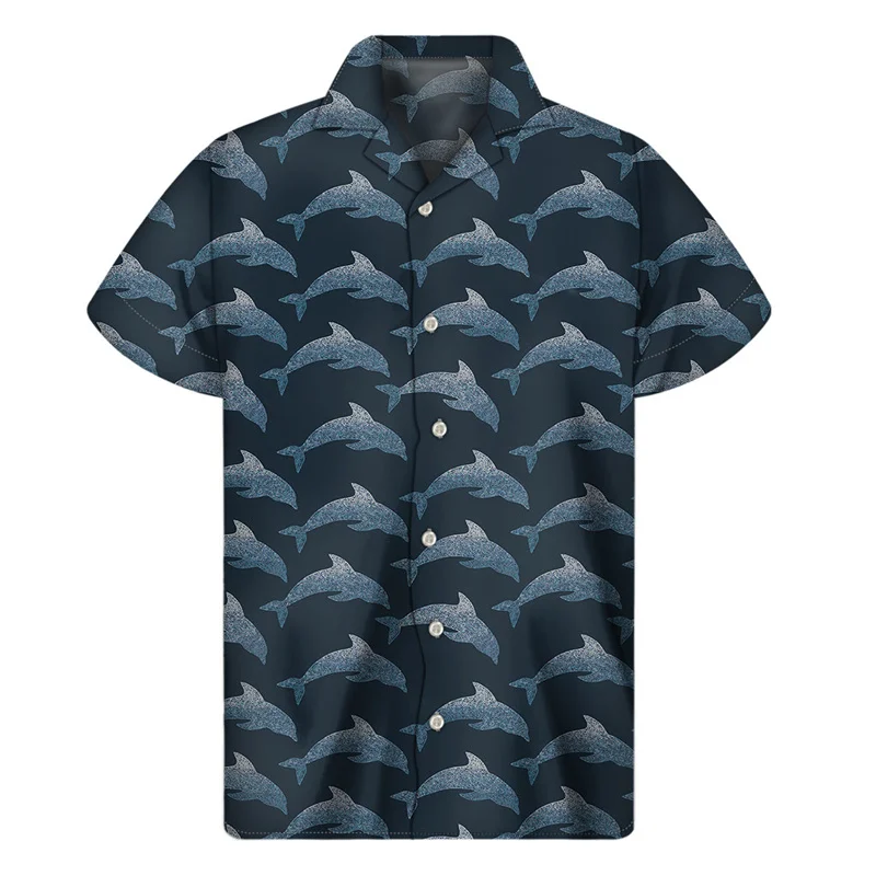 Cute Cartoon Dolphin Hawaiian Shirt For Men 3D Print Animals Shirts Harajuku Fashion Short Sleeve Tops Streetwear Button Blouse