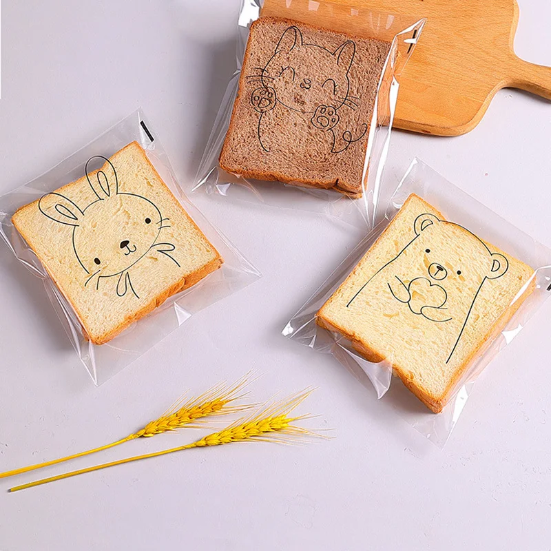 50/100PCS Transparent Self-adhesive Candy Gift Bags Cute Bunny Cat Bear Animal Bread Toast Cookies Baking Packaging Bag Supplies