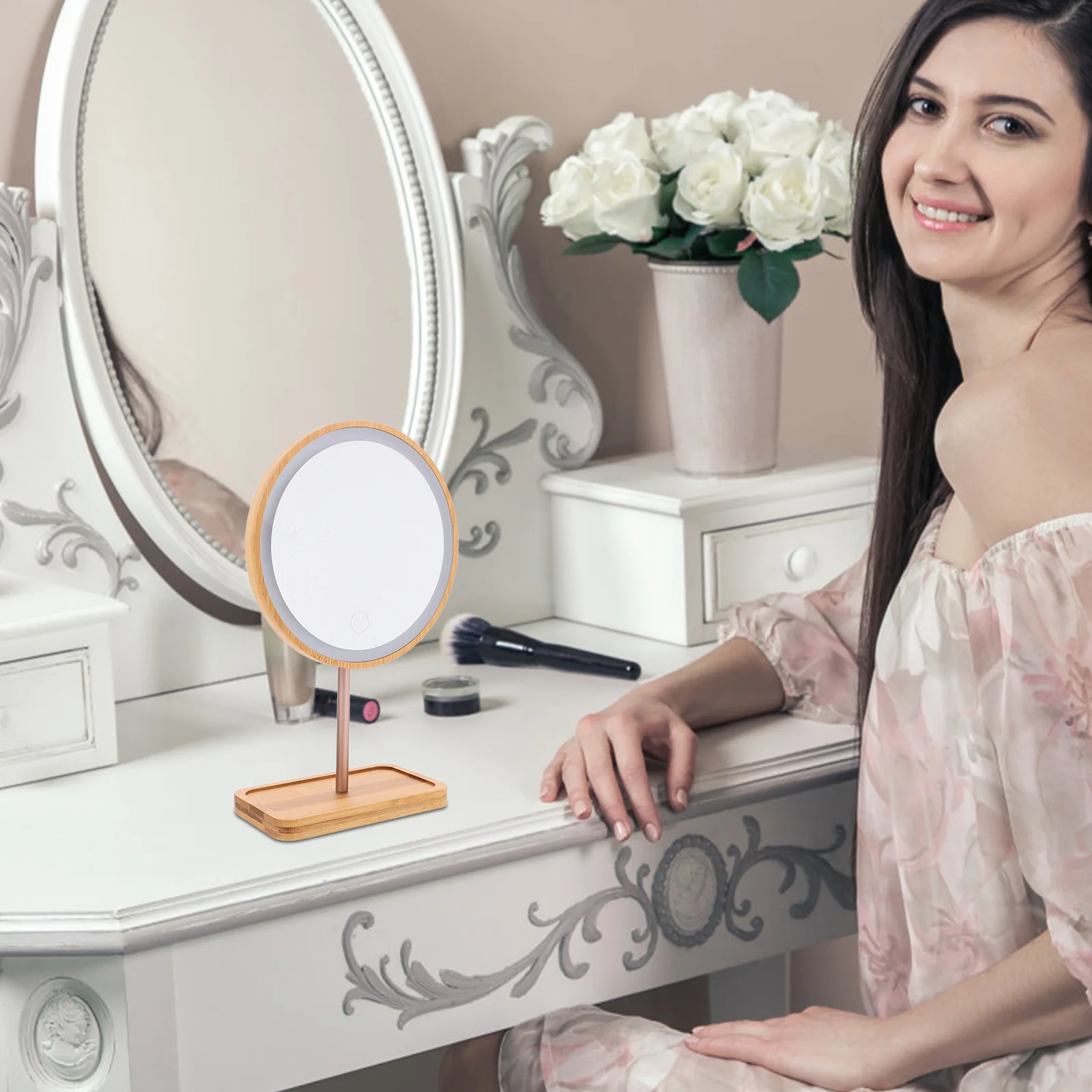 Specchio per trucco da 1 pezzo con luce a LED Specchio cosmetico da tavolo in legno per bagno Camera da letto Uso da tavolo Design del vassoio portaoggetti