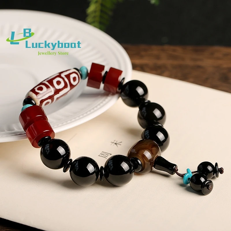 Natural Nine Eyes Dzi Bead Old Agate Bracelet Men and Women Retro Tibetan Black Agate Bracelet Bead Jewelry Wholesale