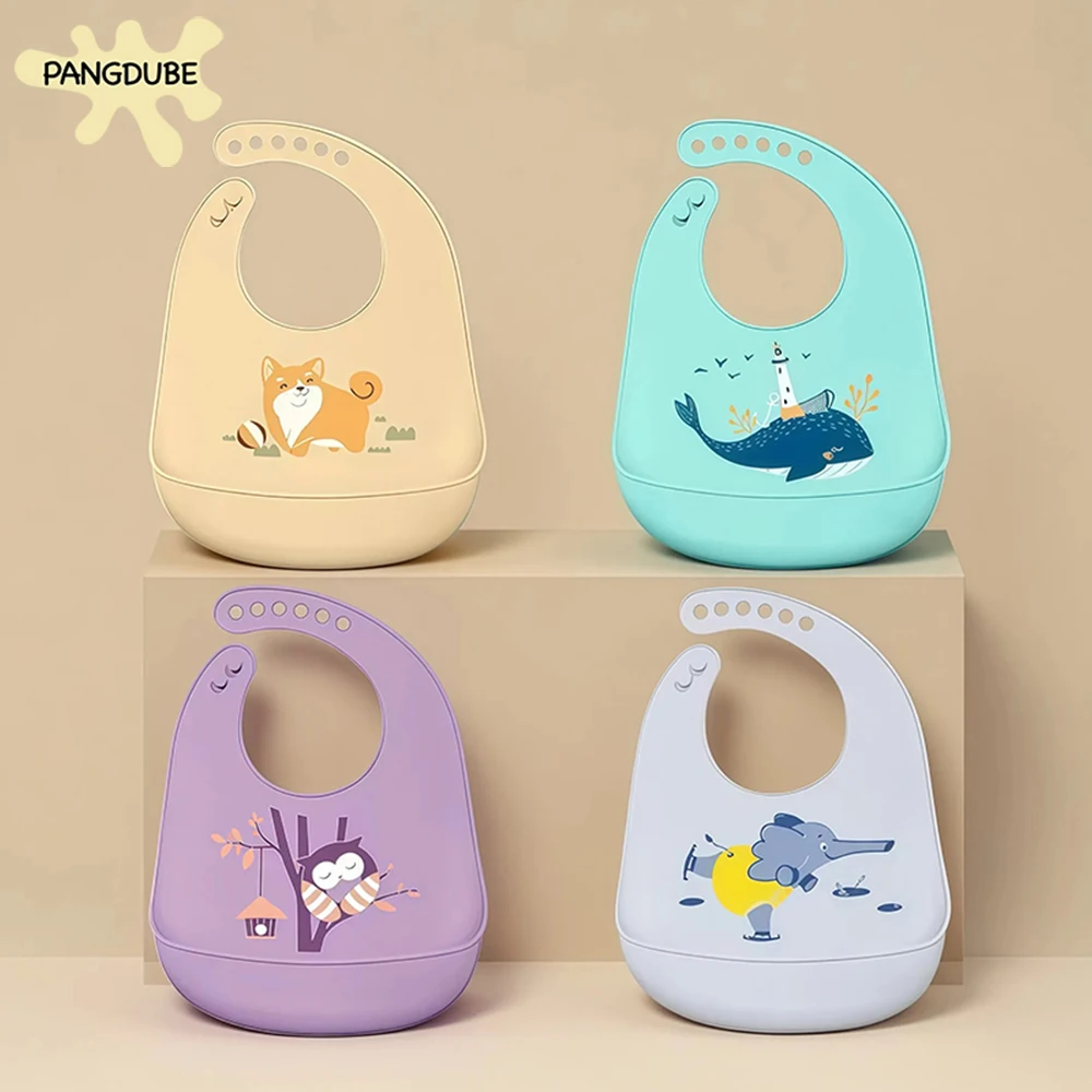 

PANGDUBE Baby Bibs Waterproof Silicone Adjustable Feeding Bib Cute Printed Leak Proof BPA Free Soft Easy Clean Toddler Bib