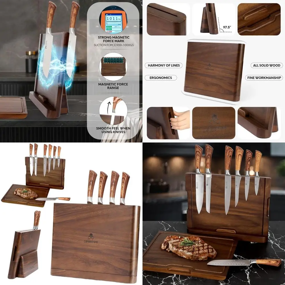 

Magnetic Knife Holder 2-in-1 Wood Cutting Board - 16x11 Inches, Rain Wood, Juice Grooves, Kitchen Organizer for Chefs