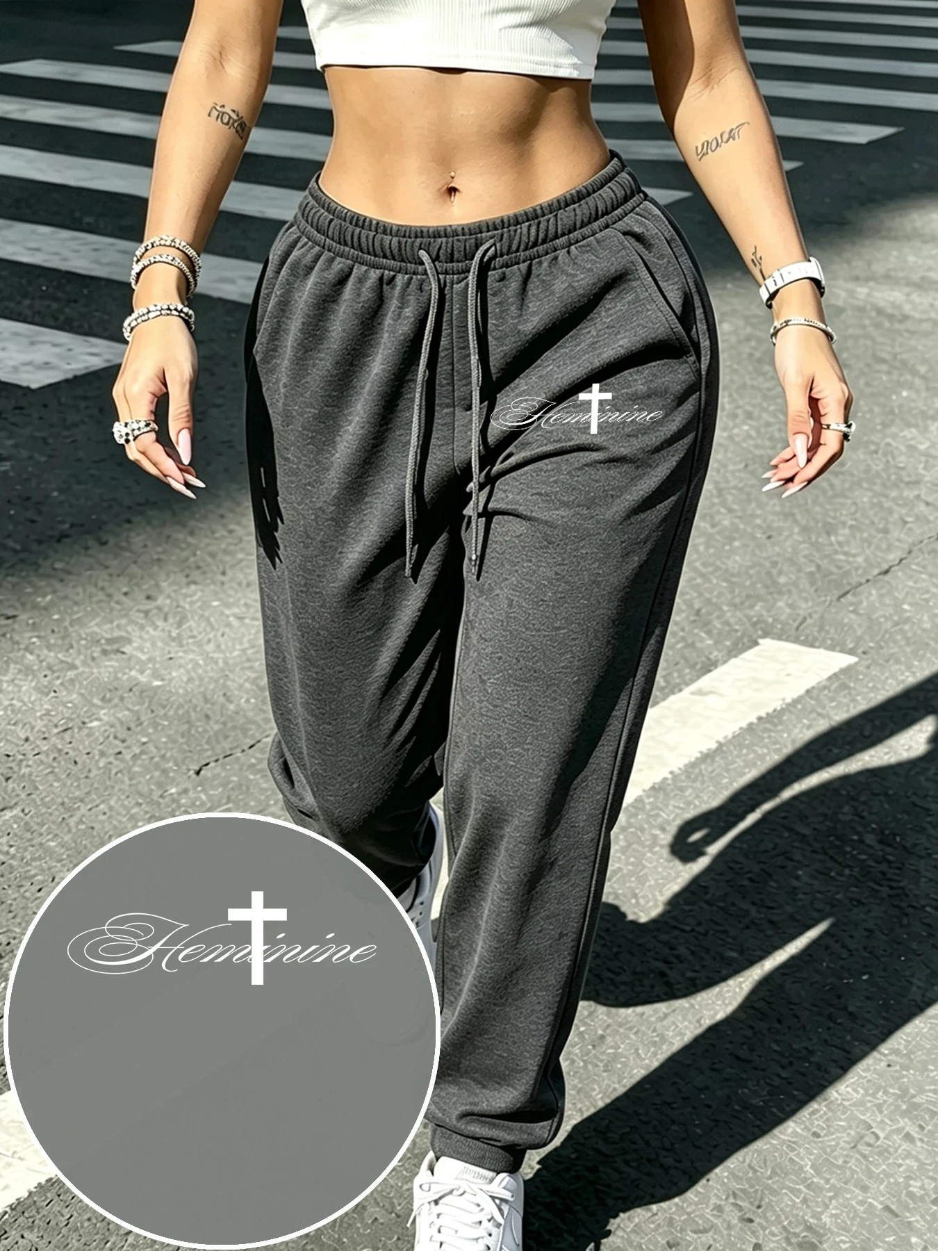 Letter And Cross Design Printed Women All-Match Long Pants Sport Loose Sweatpant Fleece Fashion Trousers Street Jogging Britches