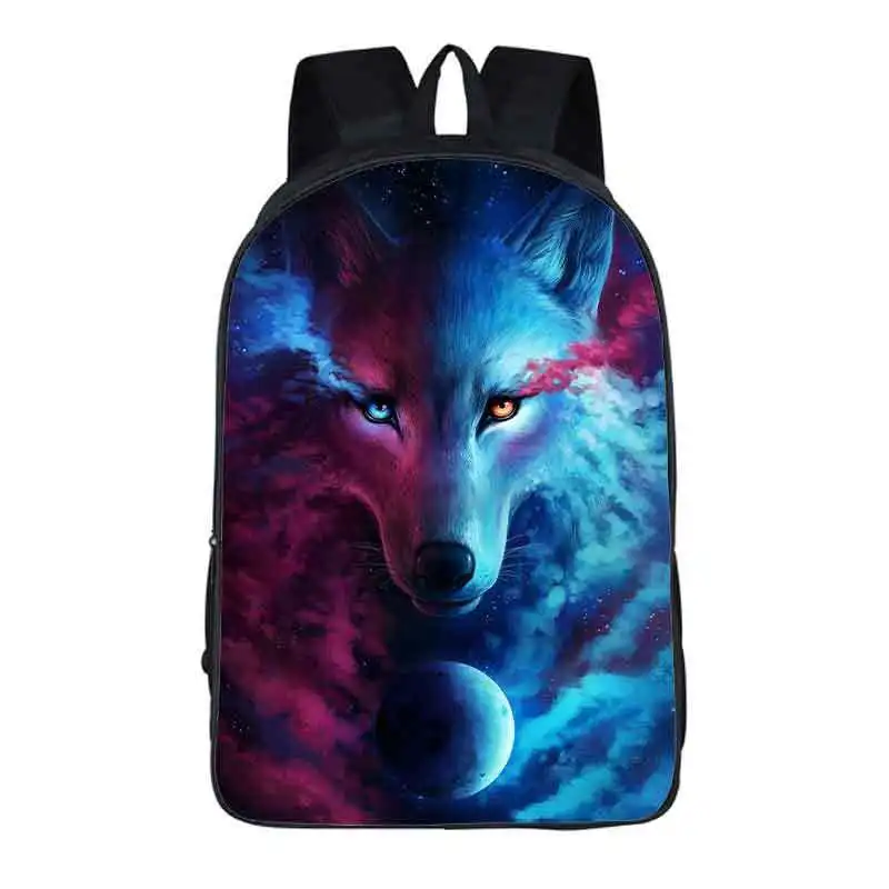 트렌디 인기 Moon Wolf 노트북 배낭 학생 학교 가방 Space Wolf 3D 인쇄 옥스포드 방수 소년/소녀 노트북 배낭