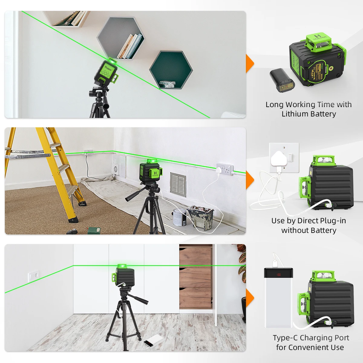 Huepar 3D Cross Line livello Laser autolivellante 3x360 Green Beam strumento Laser di livellamento e allineamento a tre piani con treppiede