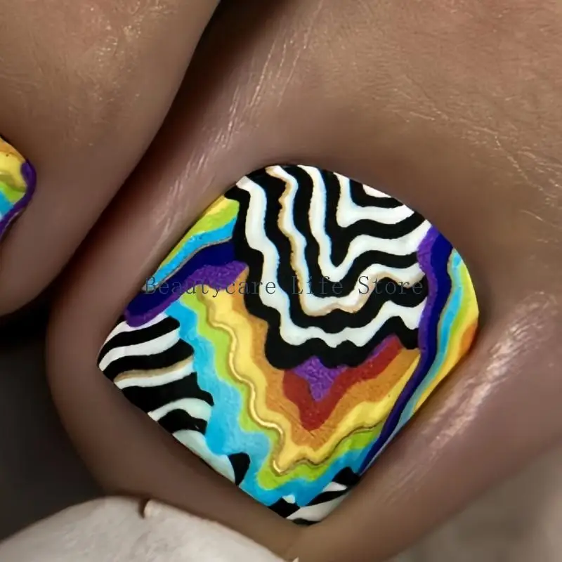 652C Druk op teennagels, korte vierkante nep teen nagel, volledige hoes glanzende acryl teennagels