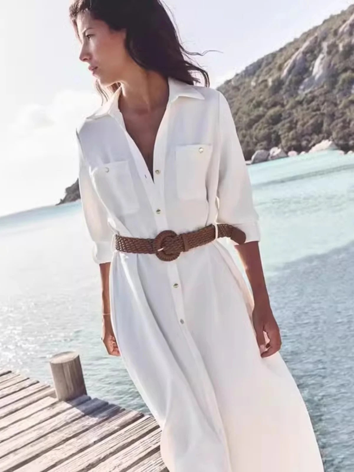 Vestido csa casual e com cinto outono nova chegada moda fena estilo de rua manga longa gola flip outro material