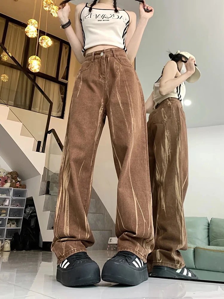 التعادل صبغ ريترو براون الجينز النساء عالية الخصر الشارع الشهير Y2k الدنيم السراويل الأمريكية فضفاضة سيدة عادية خمر Harajuku بنطلون