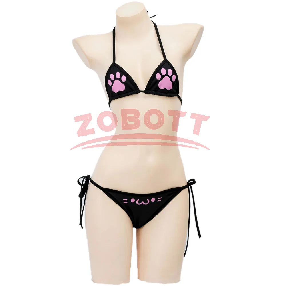 أنيمي Kawaii فتاة لطيف القط باو بيكيني تأثيري حلي ملابس السباحة النساء مخلب نمط ثلاث نقاط الملابس الداخلية مجموعة لحمام السباحة حفلة الشاطئ