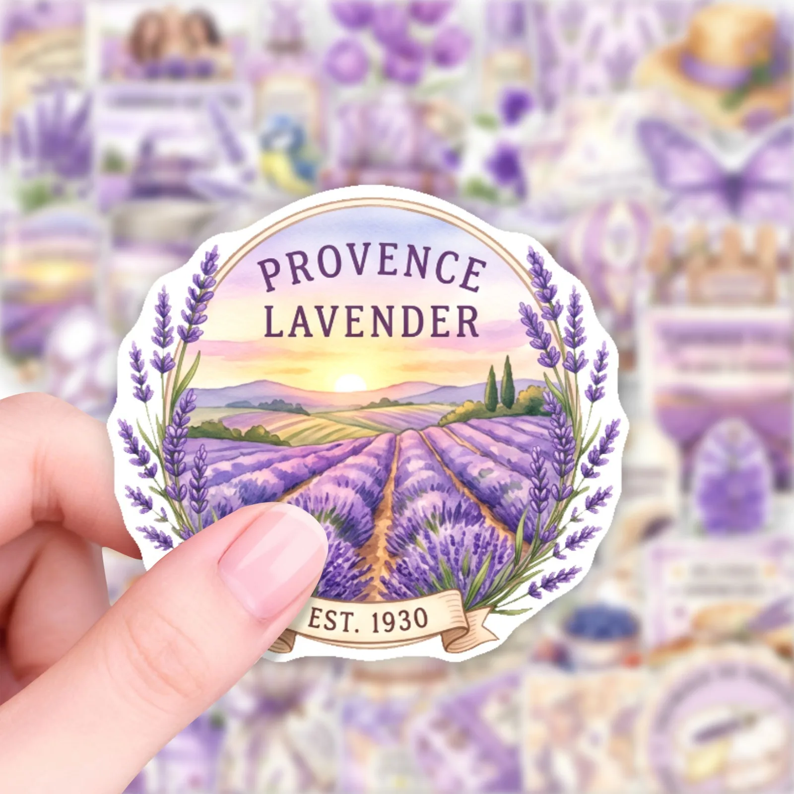 50 PCS Lavender Light Purple Watercolor Pastoral Retro Flower Field Stickers Vase Window Diary Guitar Waterproof Decorate Decals