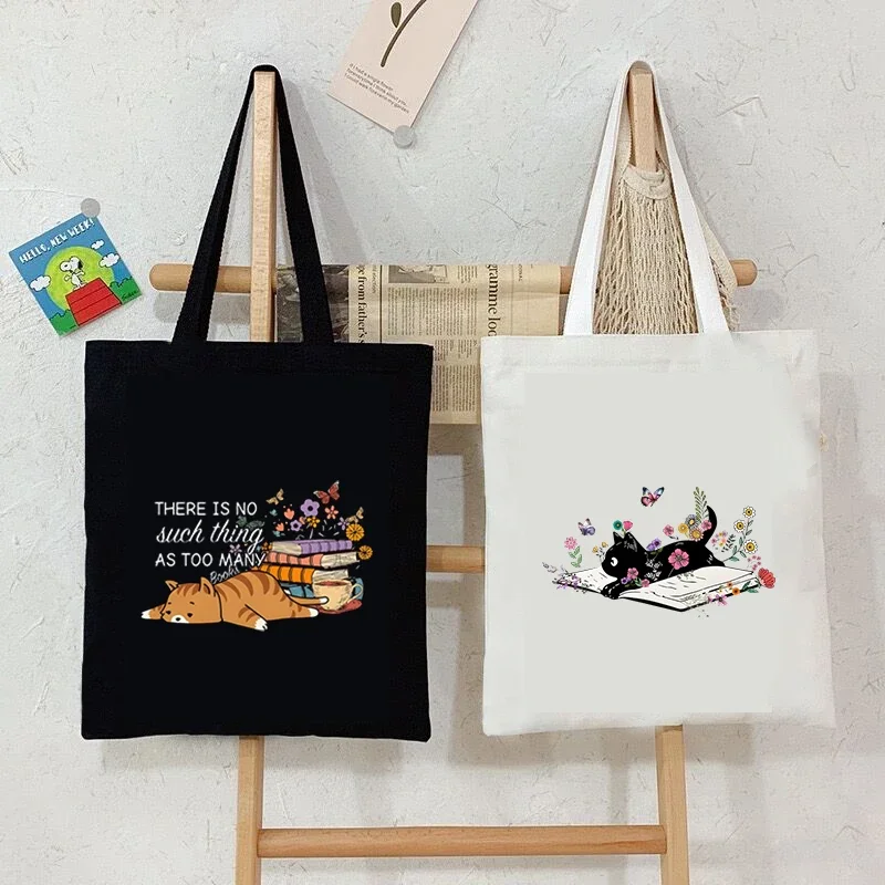 Cat and Floral Book Pattern Tote Bag donna semplice borsa a tracolla in tela Cartoon Kitten Shopping Bag studente Fashion Y2K Handbag