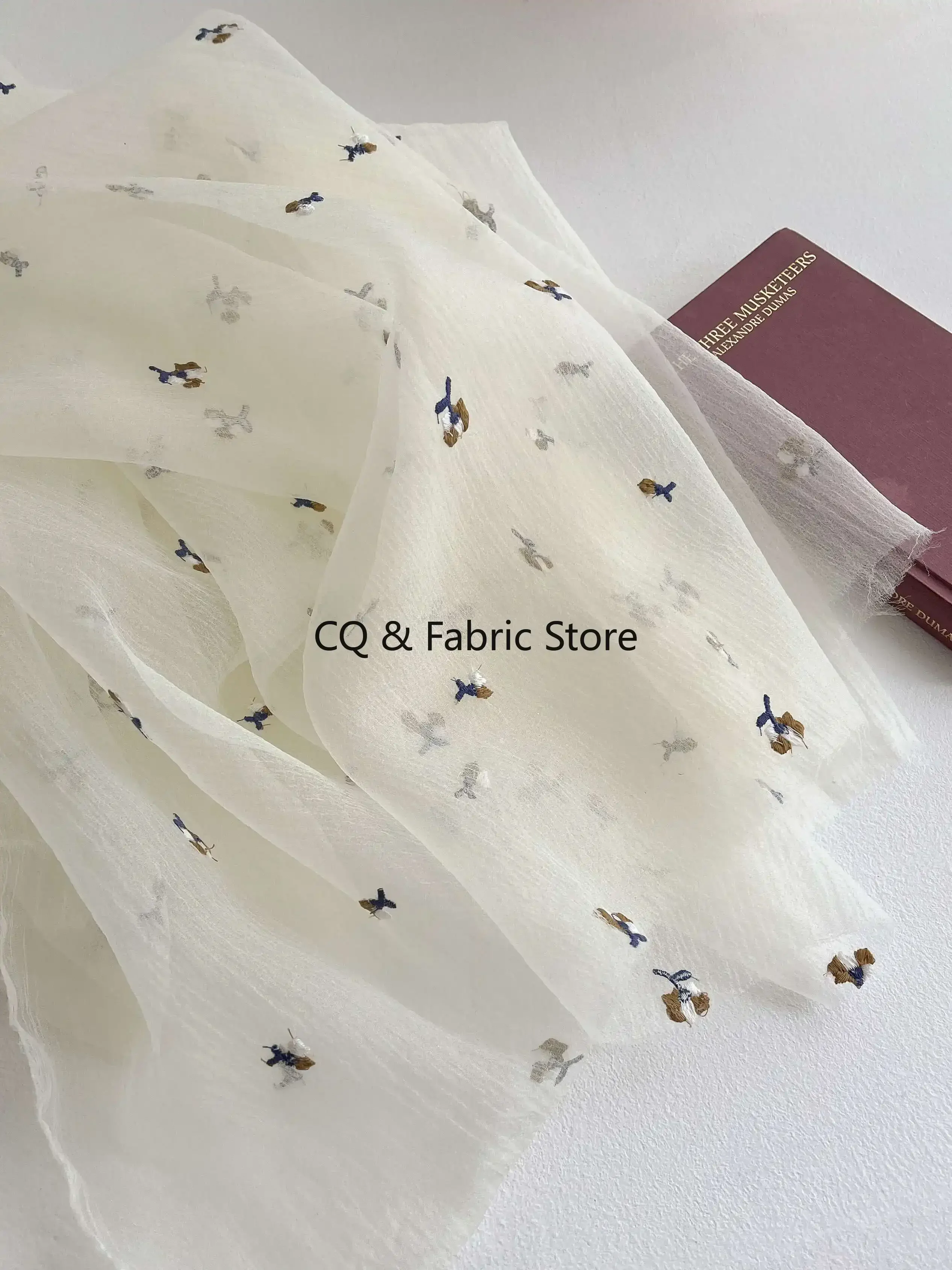 Beige Small Floral Embroidery Pleated Tulle Fabric Fluffy Skirt Dress Girl Dress Clothing Fabric By The Meter