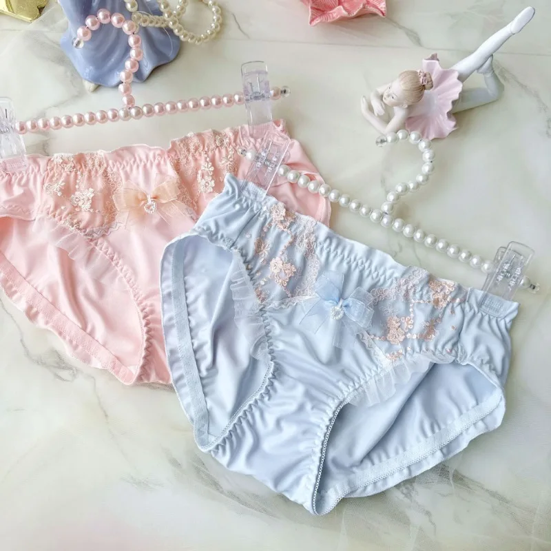 Women Luxury Style Embroidery High Quality Milk Silk Underwear Cute Lovely Sweety Princess Style Lolita Elasticity Middle Waist