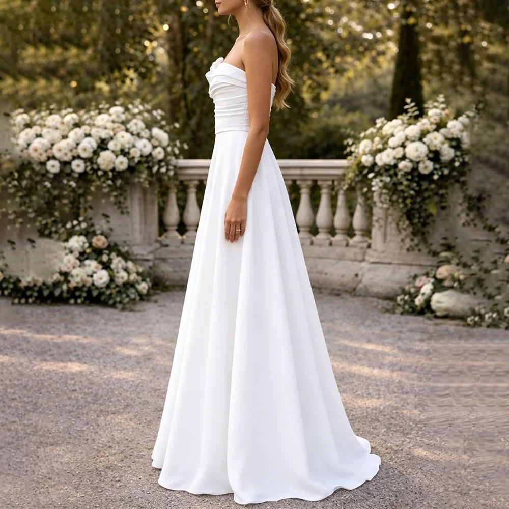 Simple Style Sleeveless Strapless White Wedding Dresses Customized Women's Satin A-line Pleat Floor Lenght Wedding Party Gowns
