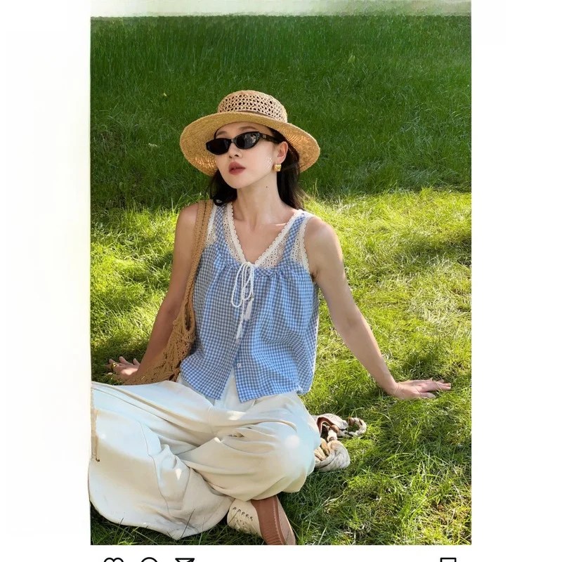 

OnePIRE Cotton Retro Sweet Lace Hollow out Patchwork Plaid Vest French Sle Slim Fit ort Length Polyester Blend Women's Vest