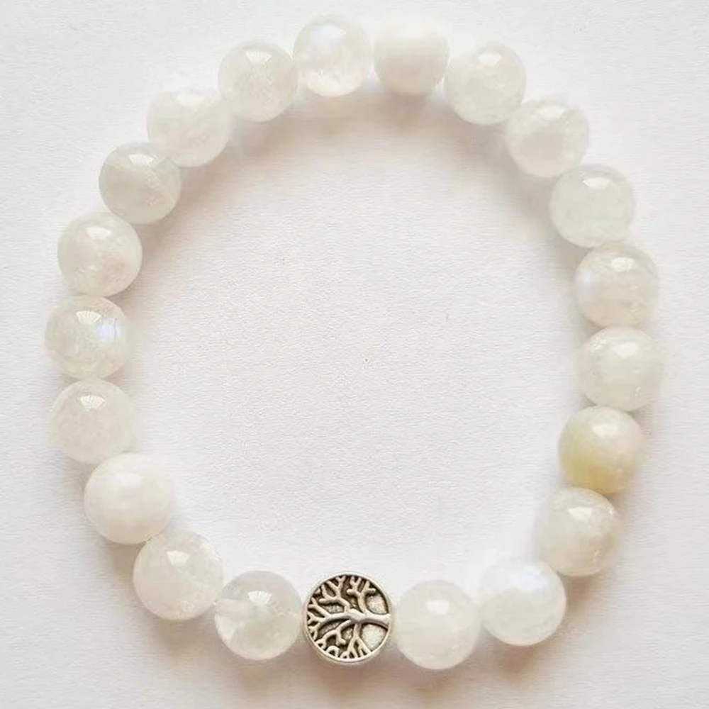 MG2084 New Design 8 MM White Monnstone Tree Of Life Charm Bracelet Womens Handmade Yoga Mala Wrist Jewelry