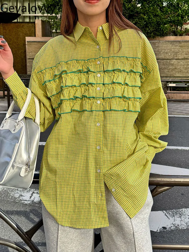 

Spring and Autumn New Cotton Plaid Versatile Lapel Shirt Sweet Cute Girls Camisas Loose Wood Ears Edge Long Sleeve Tops