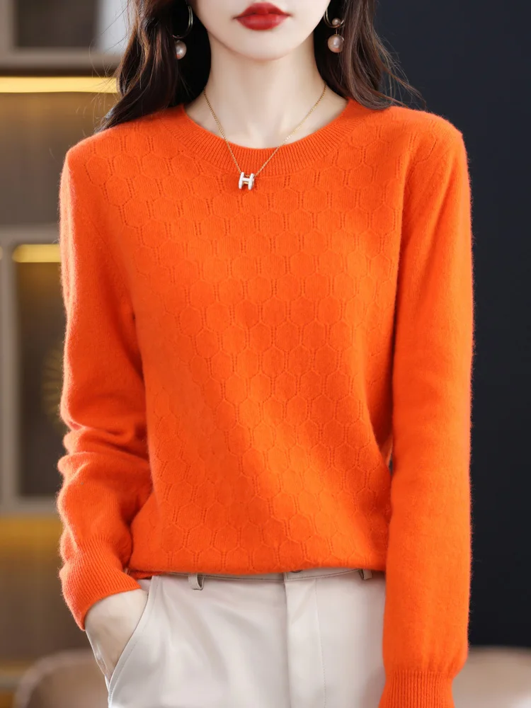 Spring Autumn 100% Pure Wool Sweater For Women O-neck Long Sleeved Cellular Hollow Out Solid Color Pullover Soft Basic Clothing