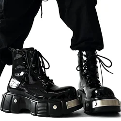 2026 New Black Patent Leather Ankle Boots Metal Rivet Platform Round Toe Side Zipper Fashion Motorcycle Boots Punk Street Shoes