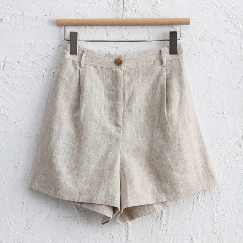 2024 Summer 100% Linen Women\'S Shorts Casual High Waist Wide Leg Button Up Elegant Ol Short Pants Femme