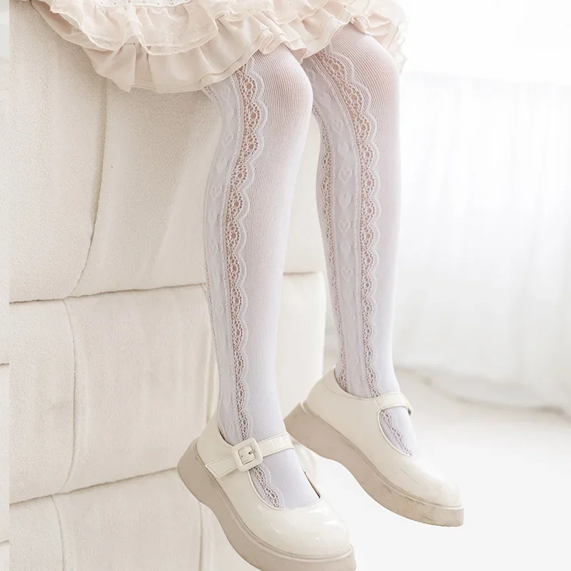 Mädchen Lolita Prinzessin Ballett Strumpfhosen weiße Spitze Netzstrümpfe für Baby Kinder süße herzförmige Tanzparty Cosplay Outfit Geschenk