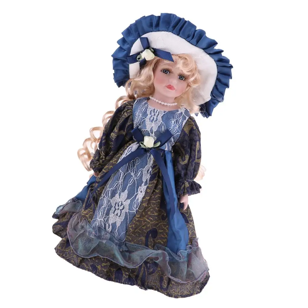 Elegant Girls Ceramics Doll w. Wood Stand for Victorian Porcelain Doll